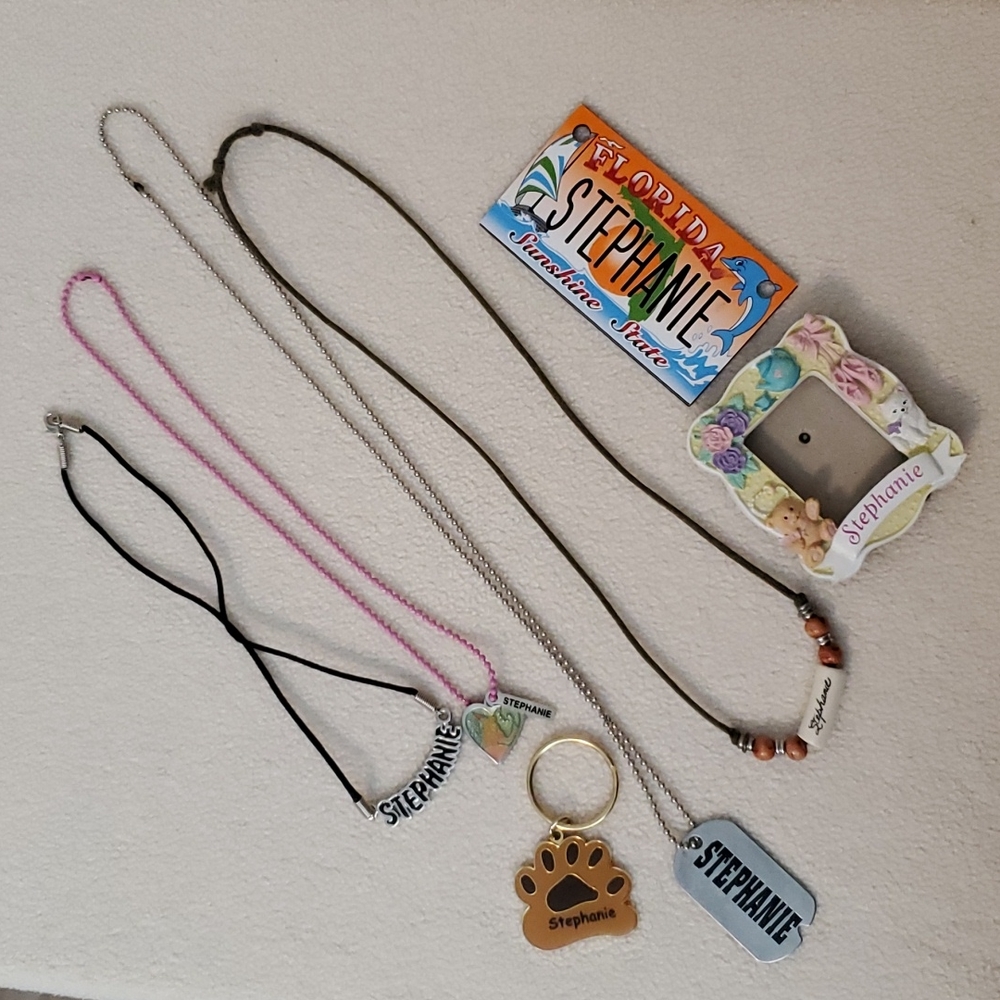 Stephanie Name Necklaces, Fridge Magnets & Boyd's Bear Pawprint Keychain